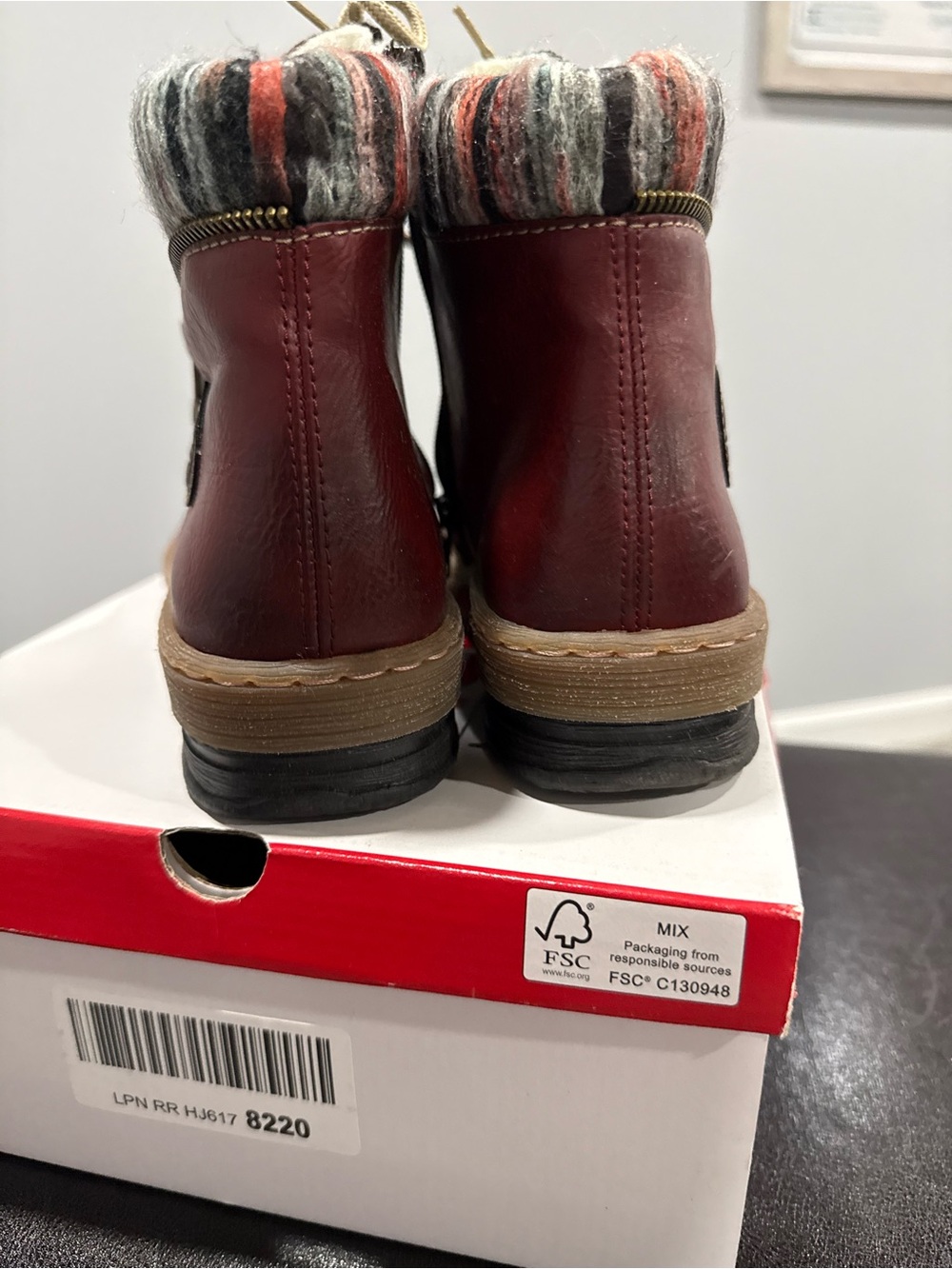 Rieker Burgundy Leather Lace-Up Ankle Boots with Striped Knit Collar - Picture 4 of 9
